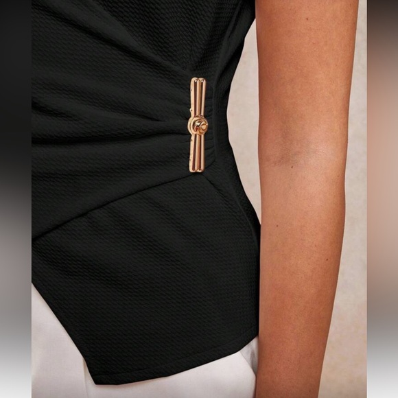 Textured black wrap short sleeve v neck top - Picture 2 of 6